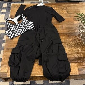 Black and White Checkered Crop Top with Black Hip Hop Costume